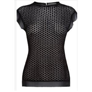 Karen Millen Margarida Black Lace Blouse Size 2 Cutwork Cap Sleeve High Neck EUC